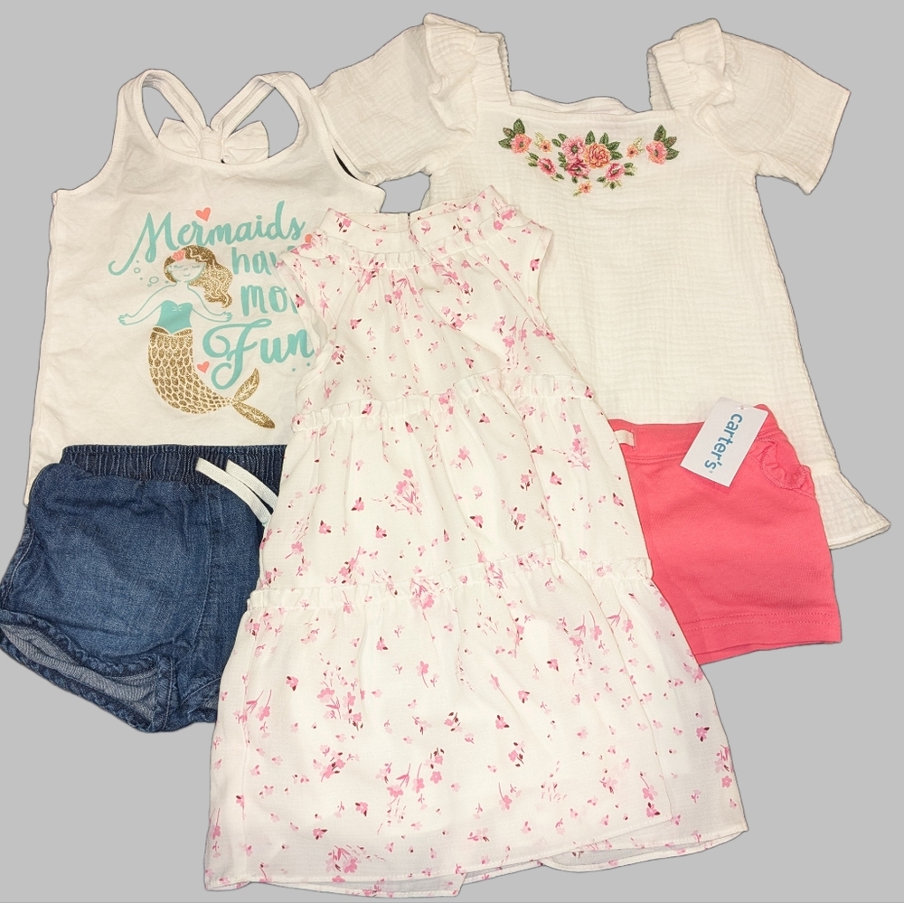 5 PC Lot Sz 2T, Sleeveless dress, 2 Tops, & 2 Shorts Varied Brands